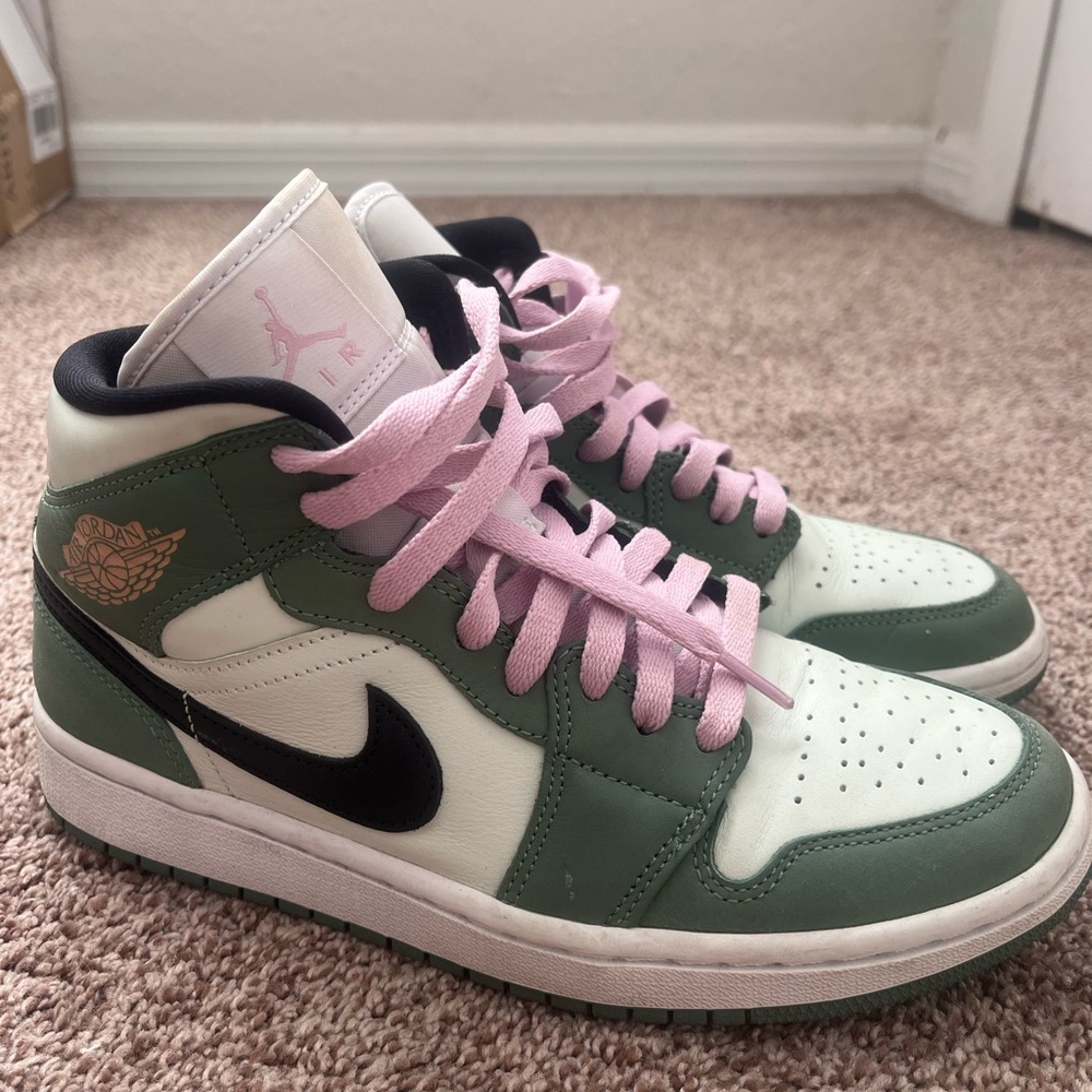 Air Jordan 1 Mid Green and Pink Sneakers